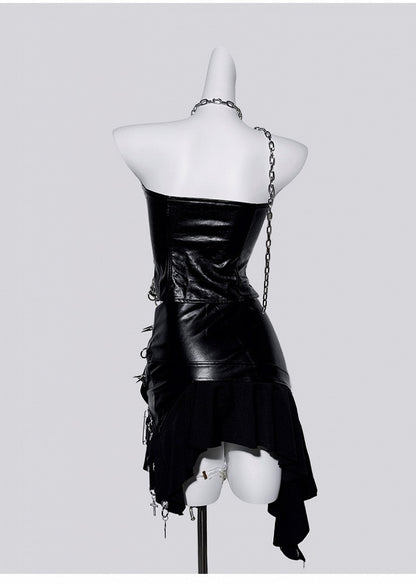 Punk Black Ring Cross Studs Asymmetrical Hem PU Skirt