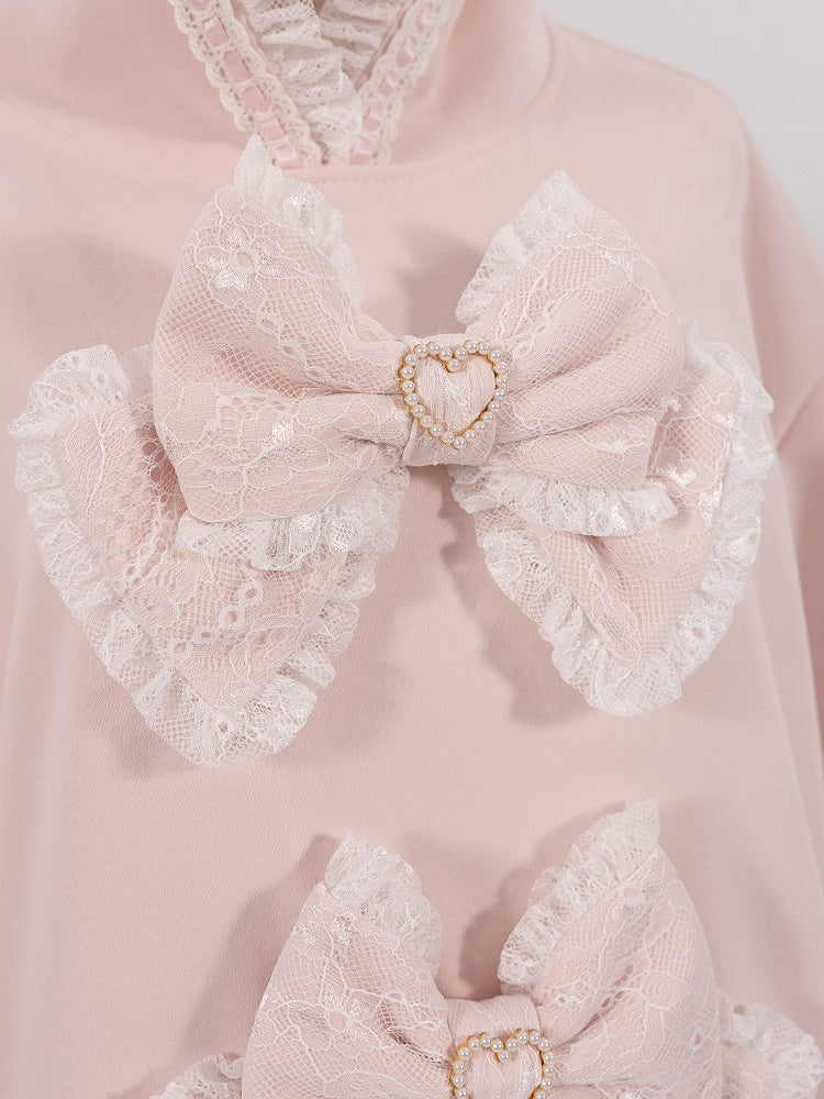 Sakura Pink Jirai Kei Sweet Lace Trim Bows Decorated Hoodie