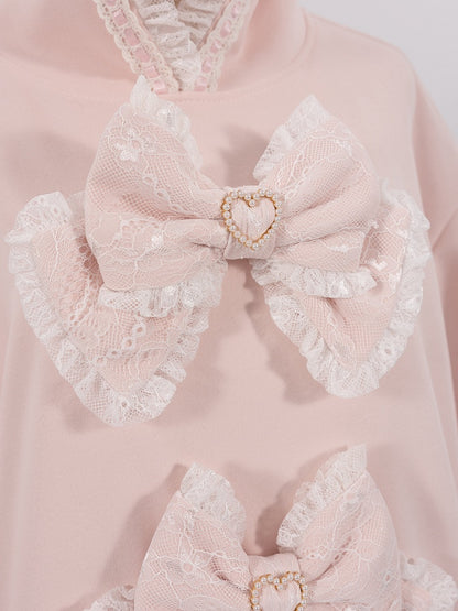 Sakura Pink Jirai Kei Sweet Lace Trim Bows Decorated Hoodie