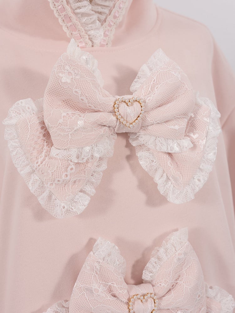 Sakura Pink Jirai Kei Sweet Lace Trim Bows Decorated Hoodie