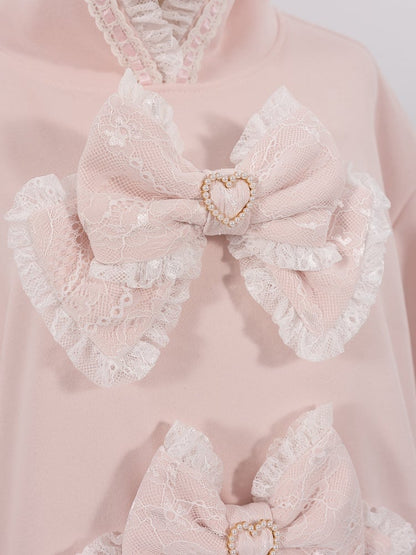 Sakura Pink Jirai Kei Sweet Lace Trim Bows Decorated Hoodie