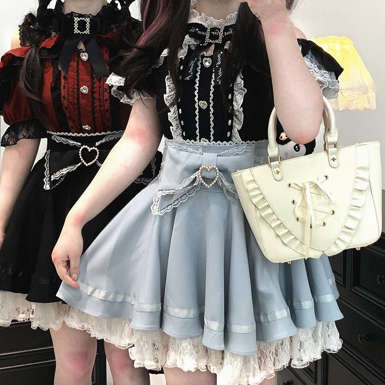 Jirai Kei Black/White/Red/Light Blue Open Shoulder Sweetheart Buttons Lace Trim Blouse