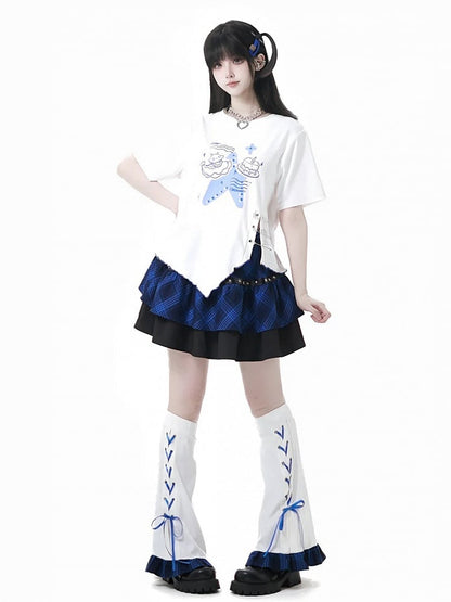 Black and Blue Plaid Star Stud Details Tiered Skirt