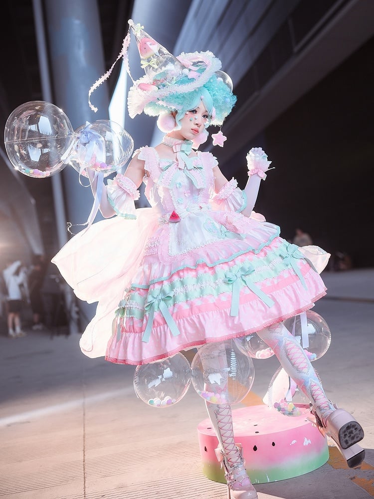 Pink and Green Watermelon Cake Bow Accents Tiered Skirt Sweet Lolita JSK Full Set