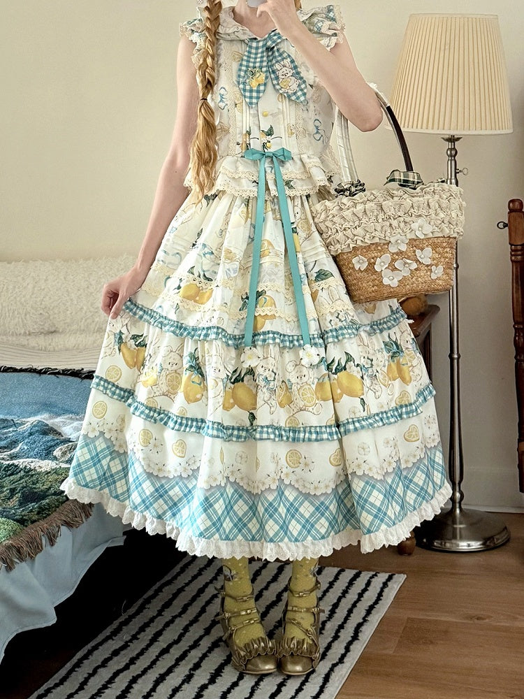 Blue & Yellow Country Lolita Bunny Ear Hooded Top + Print Ruffled Skirt + Embroidered Triangular Headscarf Set