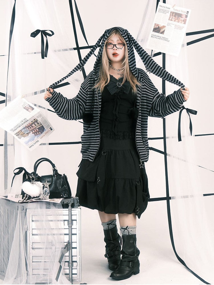 Plus Size Black Knee-Length Bubble Skirt with Hooked Pockets & Elastic Waist