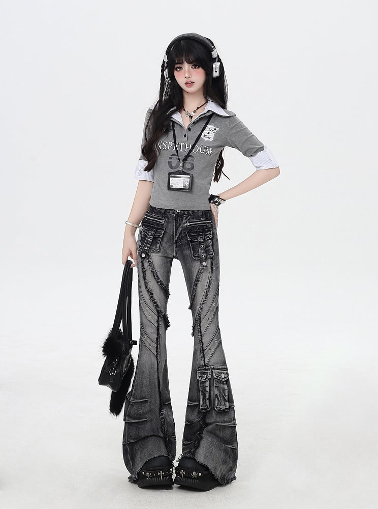 Y2K Black Low Rise Raw Hem Faded Wash Flared Cargo Jeans