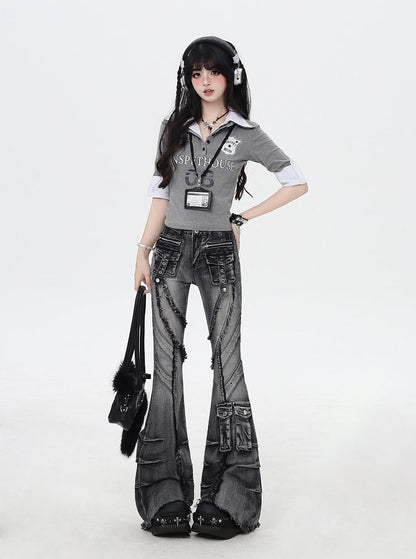 Y2K Black Low Rise Raw Hem Faded Wash Flared Cargo Jeans