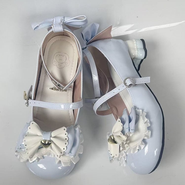 Mid-heel Sweet Blue Mary Janes for Lolita with Adorable Bear Heel & Multi-layer Bow at Top