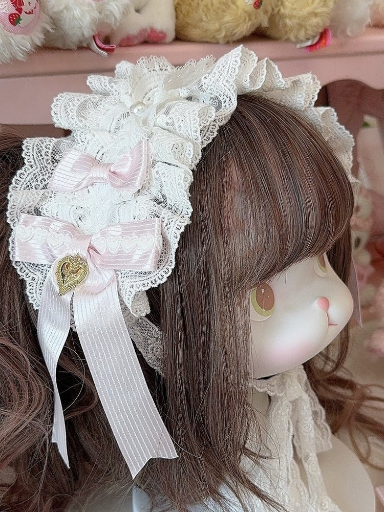 Pink Heart Decorated Striped Pattern Bowknot Details Ruffled Hairband