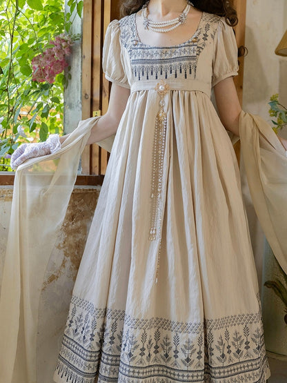 Foldover Design Neckline Blue Vintage Embroidery Empire Waist Elegant Lolita One Piece Long/Short Version