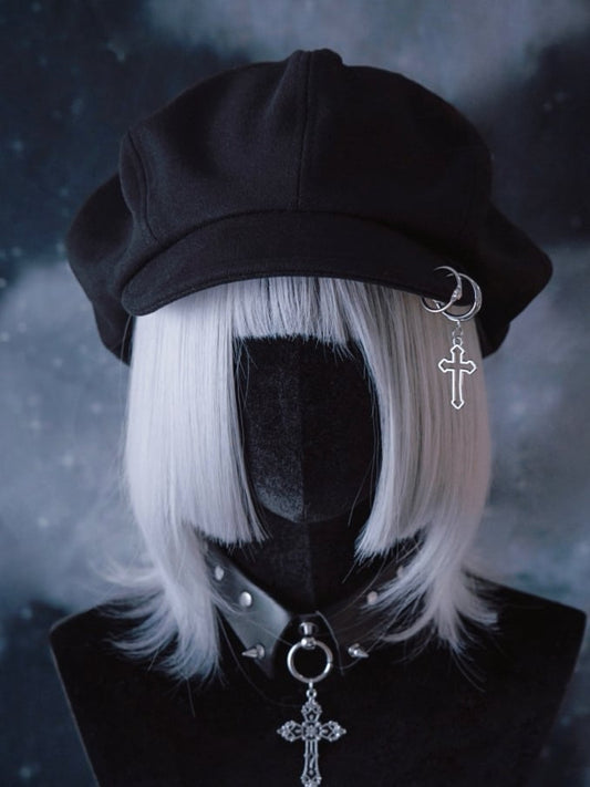 Cross Charm Black Gothic Beret