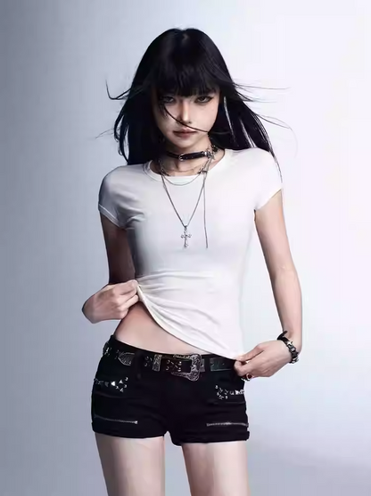 Black Low Waist Studded Glamorous Shorts with Zippers Detail