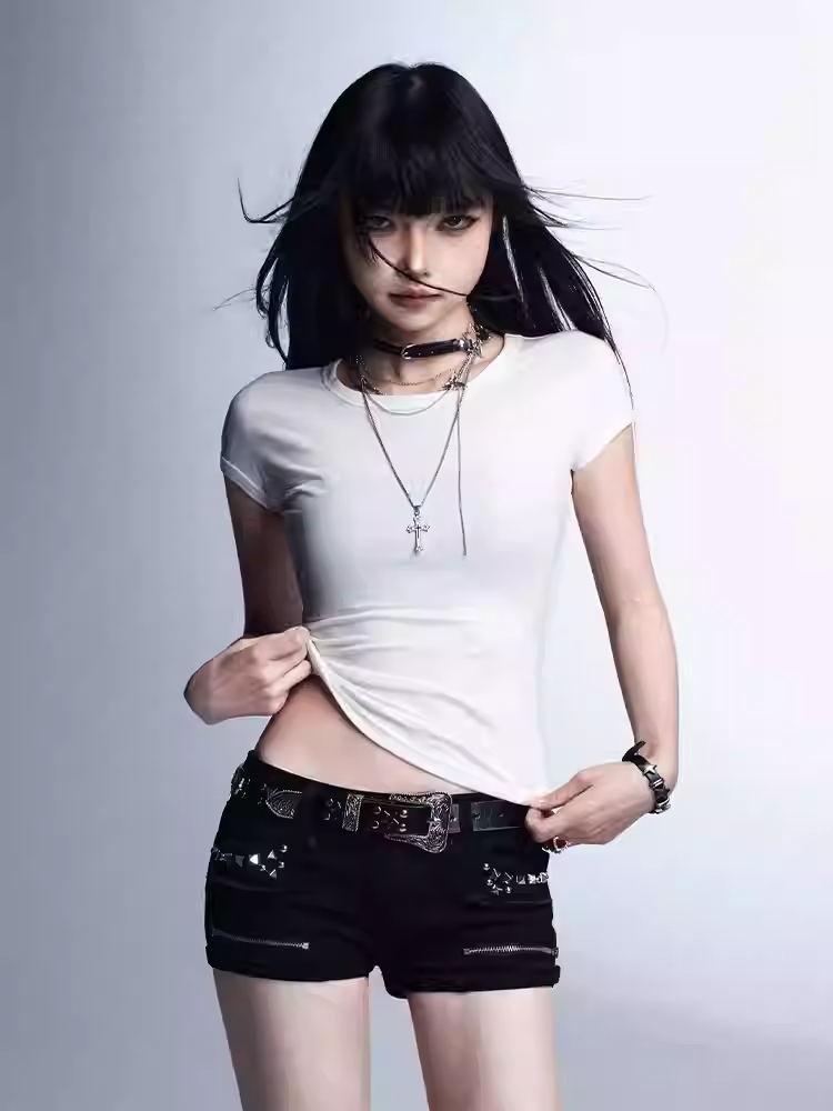 Black Low Waist Studded Glamorous Shorts with Zippers Detail