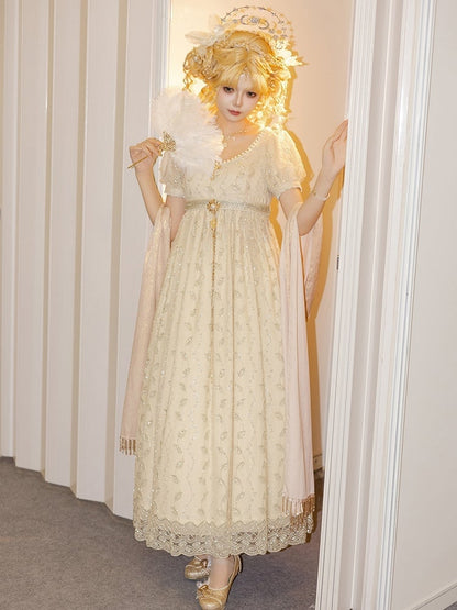 Allover Beaded Leaves Design Beige Empire Waist Elegant Lolita One Piece Long/Short Version