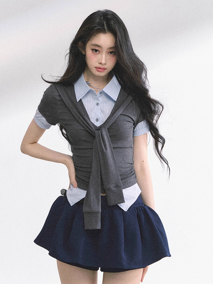 Preppy Style Polo Collar Gray & Blue / Apricot & Pink T-shirt Faux Two-pieces