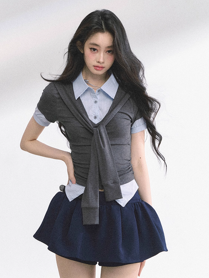 Preppy Style Polo Collar Gray & Blue / Apricot & Pink T-shirt Faux Two-pieces