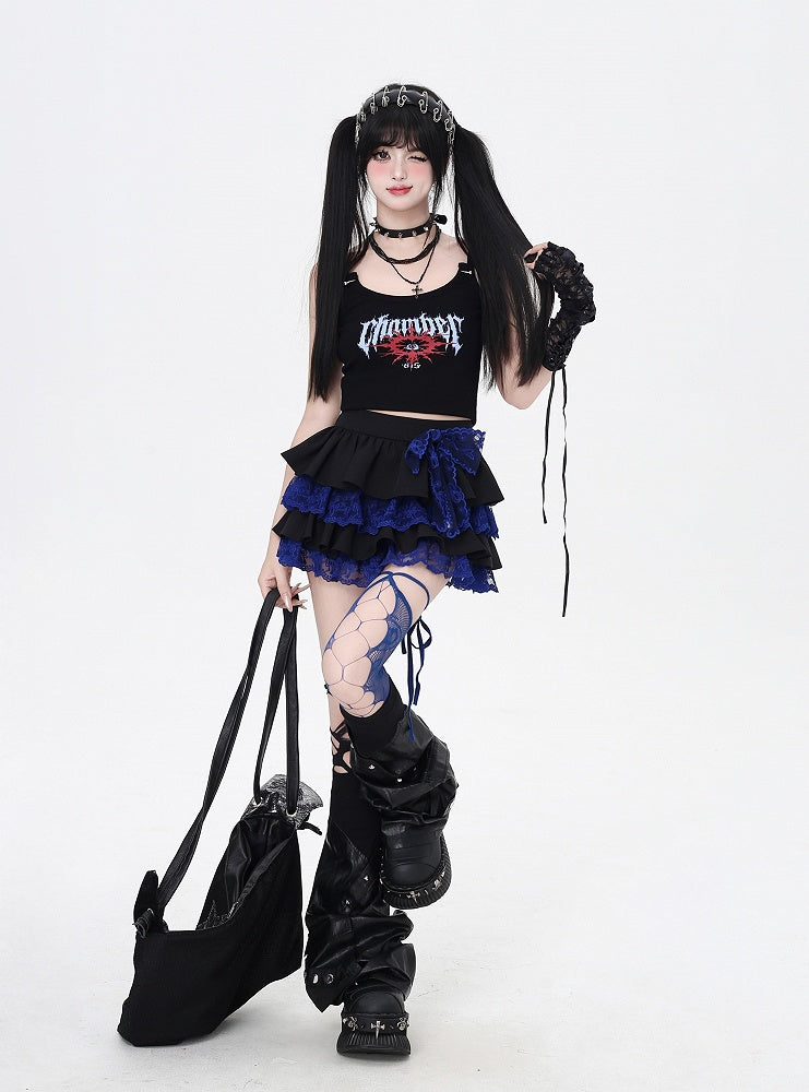 Y2K Contrast Blue Lace Trim Black Elastic Waist Tiered Skirt