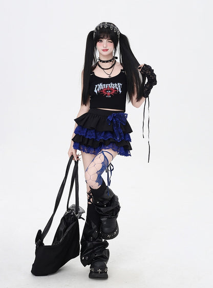 Y2K Contrast Blue Lace Trim Black Elastic Waist Tiered Skirt