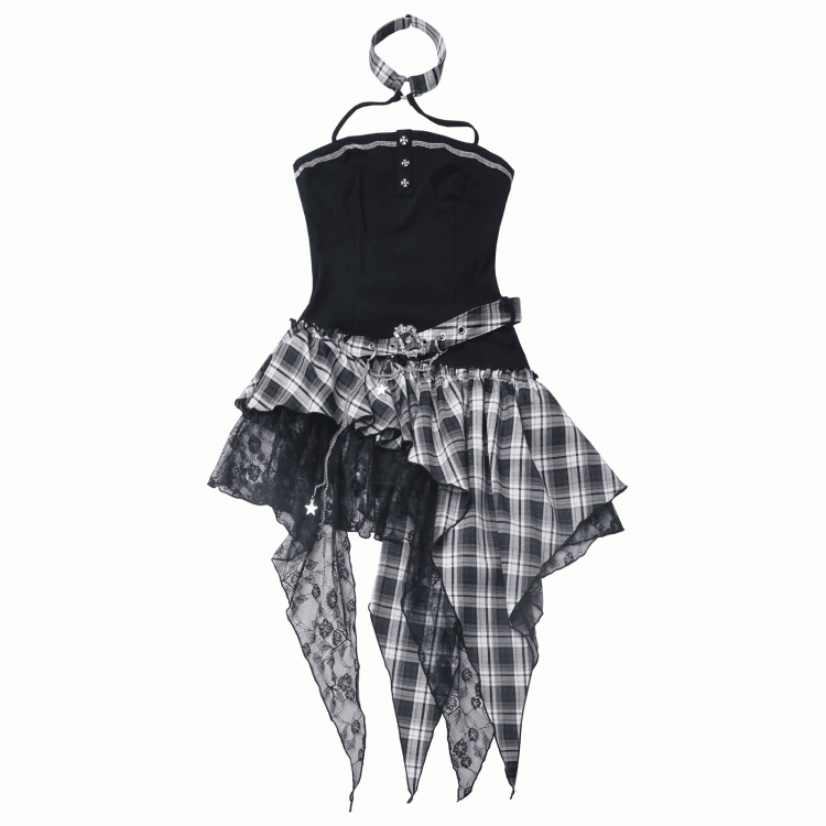 Red/Black & White Plaid Mesh Patches Handkerchief Hem Punk Rock Strapless Dress