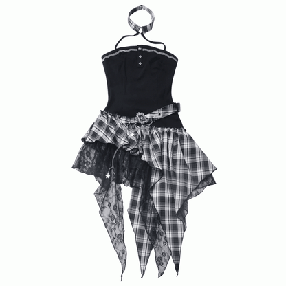 Red/Black & White Plaid Mesh Patches Handkerchief Hem Punk Rock Strapless Dress