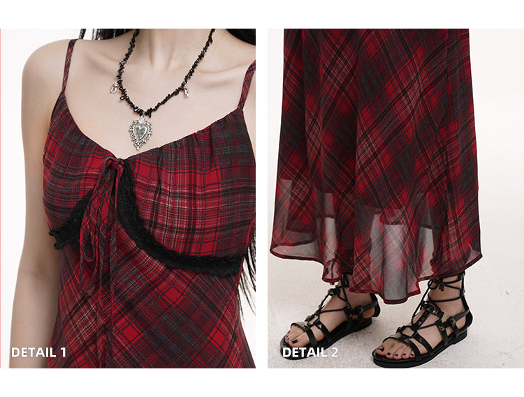 Red & Black Plaid V-neck Self-tie Strap Neckline Cami Dress