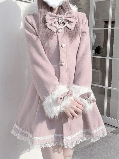 Jirai Kei Pink A-Line Waisted Coat | Detachable Plush Bunny Ear Hood & Bowknots