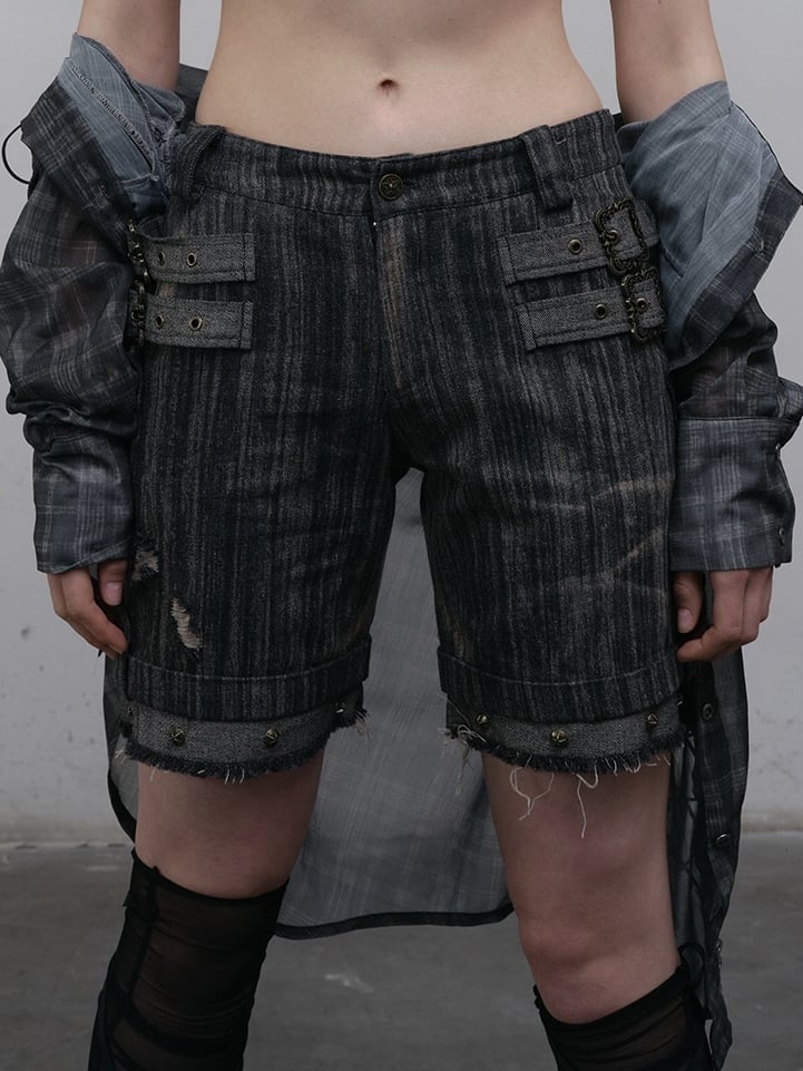 Black Wasteland Punk Studs Decorated Buckle Details Faded Wash Shorts