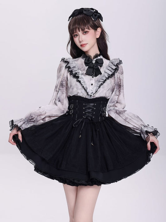 Buckle Straps and Lace-up Front High Waist Tulle Overlay Jirai Kei Black Skirt