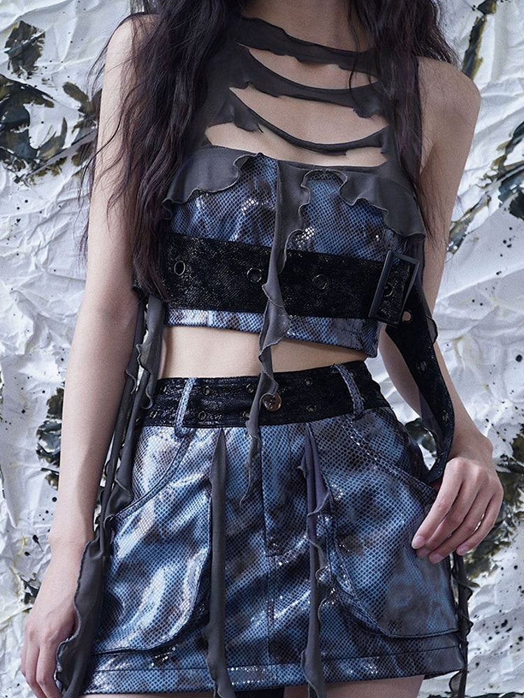 Wasteland Punk Distressed Holes Navy Blue PU Top Tassel Design