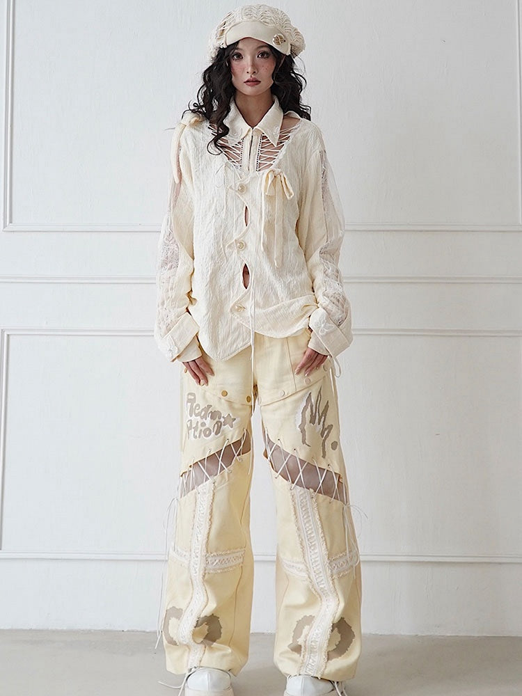 Lace-up Detail Beige Detachable Straight-leg Cut Jeans