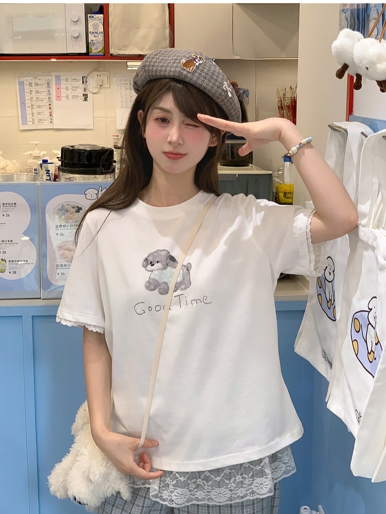 Adorable Puppy Print White Round Neck Loose T-shirt