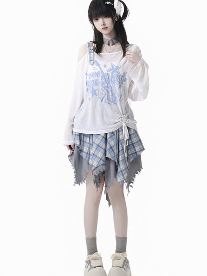 Frayed Handkerchief Hem Blue & White /Black & White Plaid Skirt