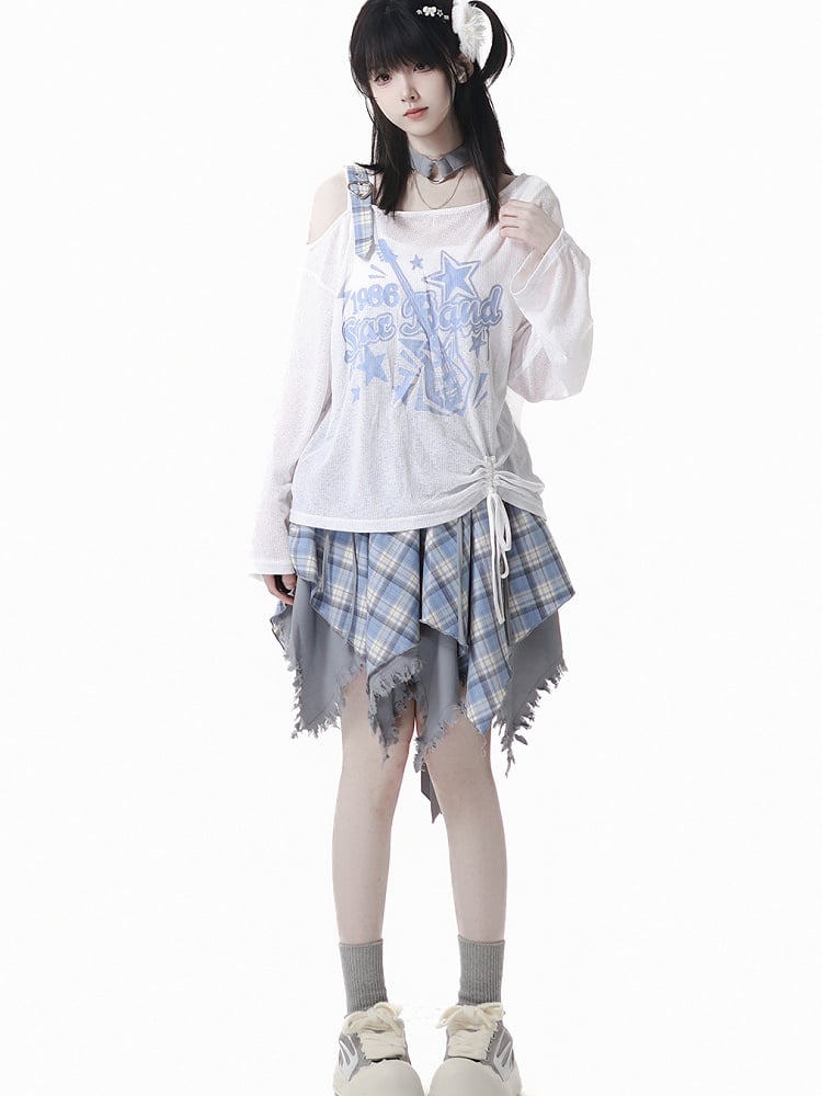 Blue/Black Guitar Print Asymmetrical Neckline Coverup with Free Choker