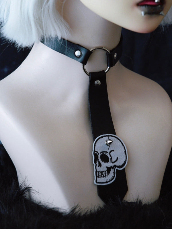 Black Gothic Skeleton Applique Studs Decorated Tie PU Choker