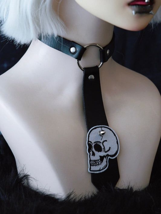 Black Gothic Skeleton Applique Studs Decorated Tie PU Choker