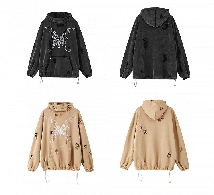 Butterfly Embroidery Black Distressed Holes Punk Hoodie