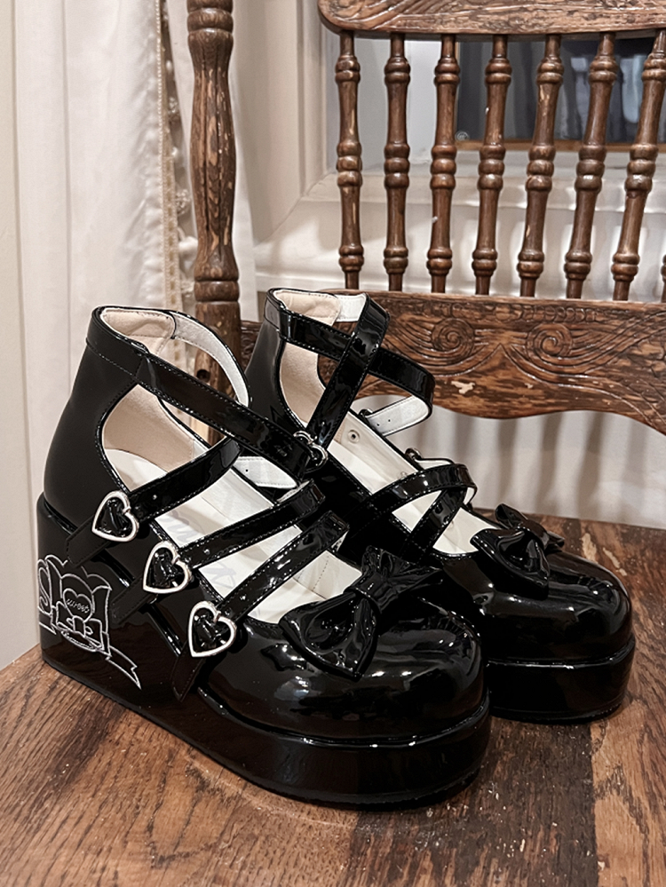 Black Bow at Top Crisscross Sweetheart Buckle Straps Sweet Lolita Platforms