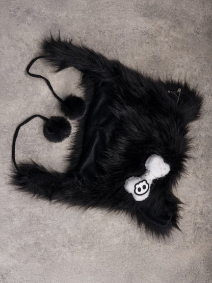 Black Gothic Pompon Charms Plush Cat Ear Hat With Pin Decorated Skeleton Applique Bone