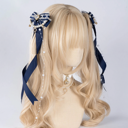 5 Colors Jirai Kei Heart Rhinestone Bow Hairclips with Beaded Chains