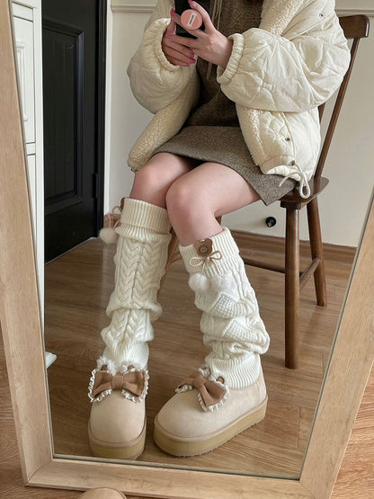Knitted Stockings Design Bow at Top Beige Platform Boots