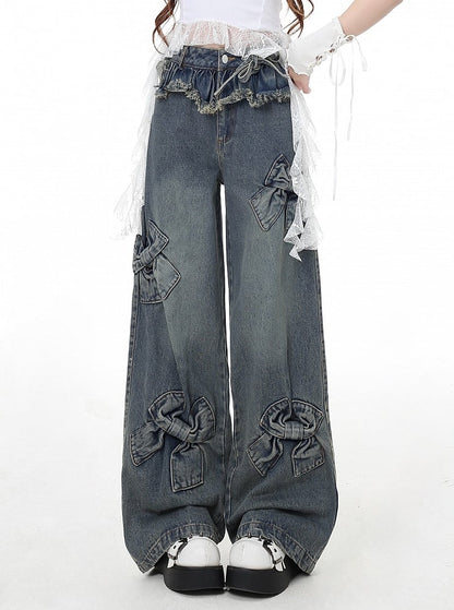Blue Big Bows Raw Hem Wide-Leg Jeans