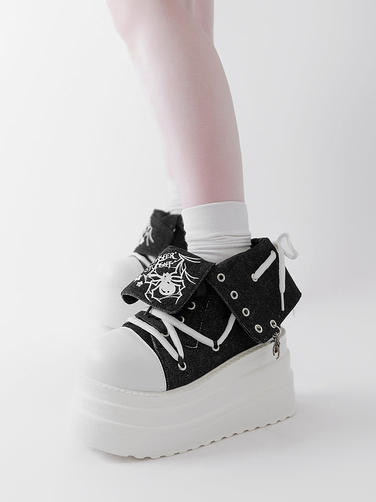 Black & White Punk Spider Print Platform Sneakers