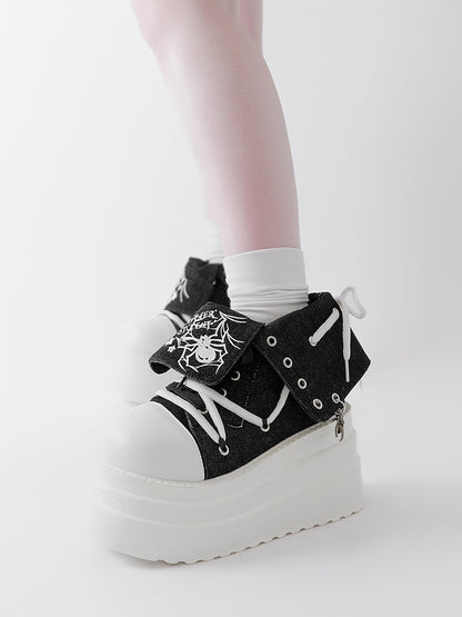 Black & White Punk Spider Print Platform Sneakers