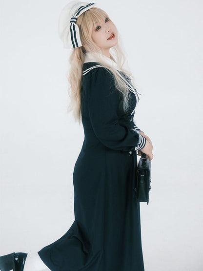 Plus Size JK Uniform Preppy Black Faux Two-Piece Midi Dress with Sailor Collar & Striped Accents