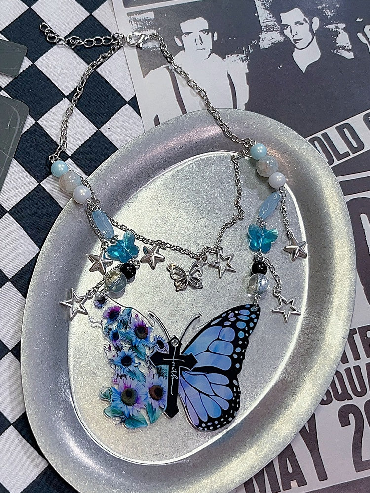 Blue Y2K Cross Decorated Butterfly Pendant Necklace