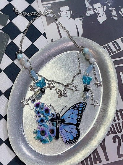 Blue Y2K Cross Decorated Butterfly Pendant Necklace