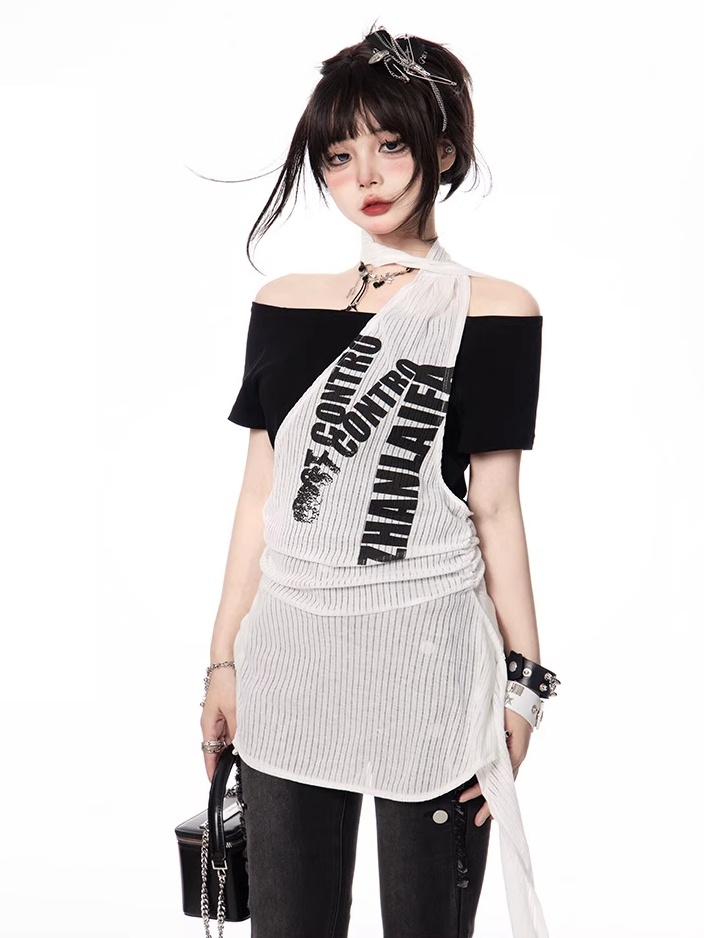 Y2K Black and White Letter Print Two-pieces Halter T-shirt