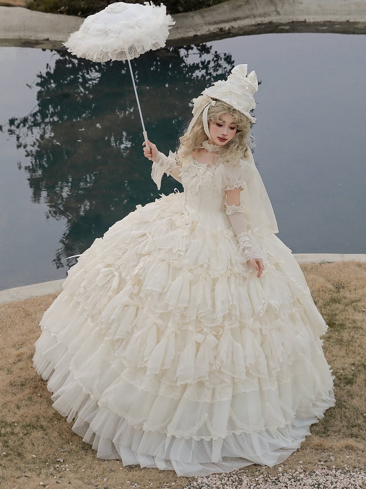 Gorgeous Hanayome Lolita Creamy White Bow Accents Wedding Dress / Full Set