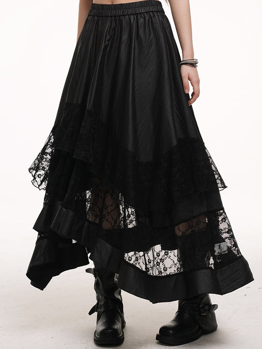 Black Elastic Waist Asymmetrical Hem Lace Patches Skirt